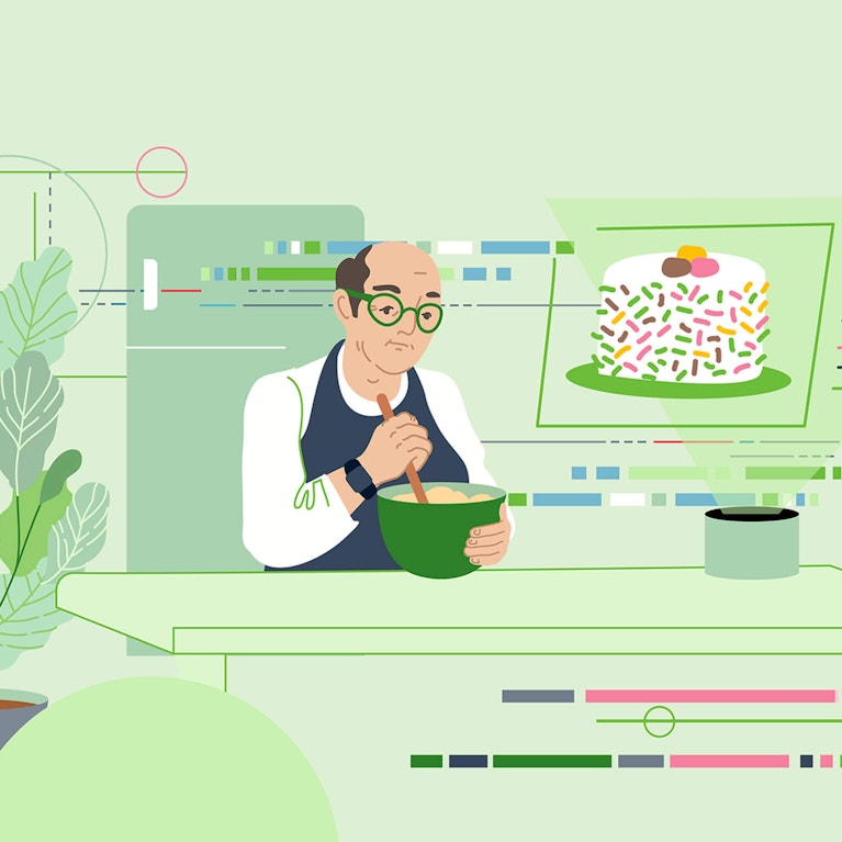 Illustration of man making cake surrounded by data