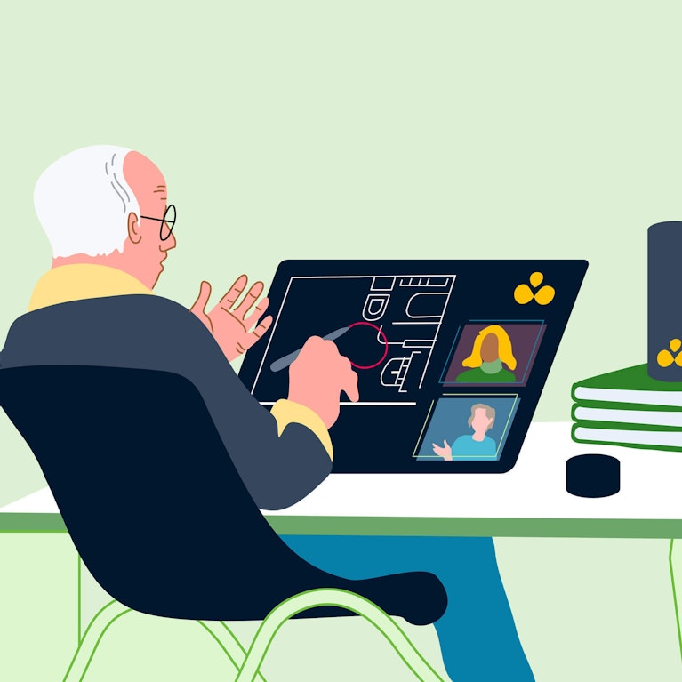 Person working at desk on touchscreen tablet with smart speaker