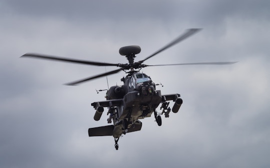 Military helicopter flying through the air