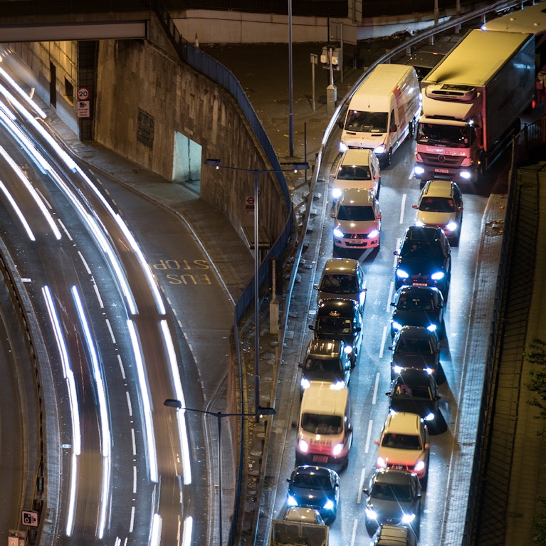 Aerial of urban motorways at night