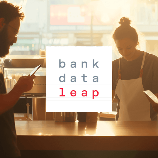 AI generated image of customers paying for coffee in a shop with text "bank data leap" over top